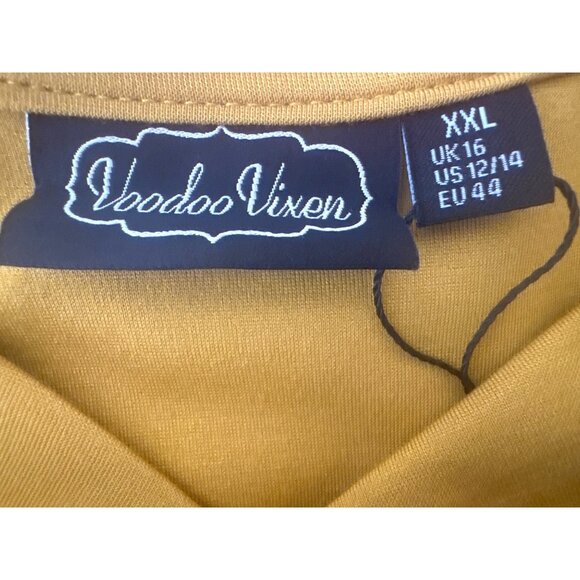 2/$30 Voodoo Vixen XXL Mustard Yellow Tie-Front Top Short Sleeve Nylon Blend - Picture 4 of 12